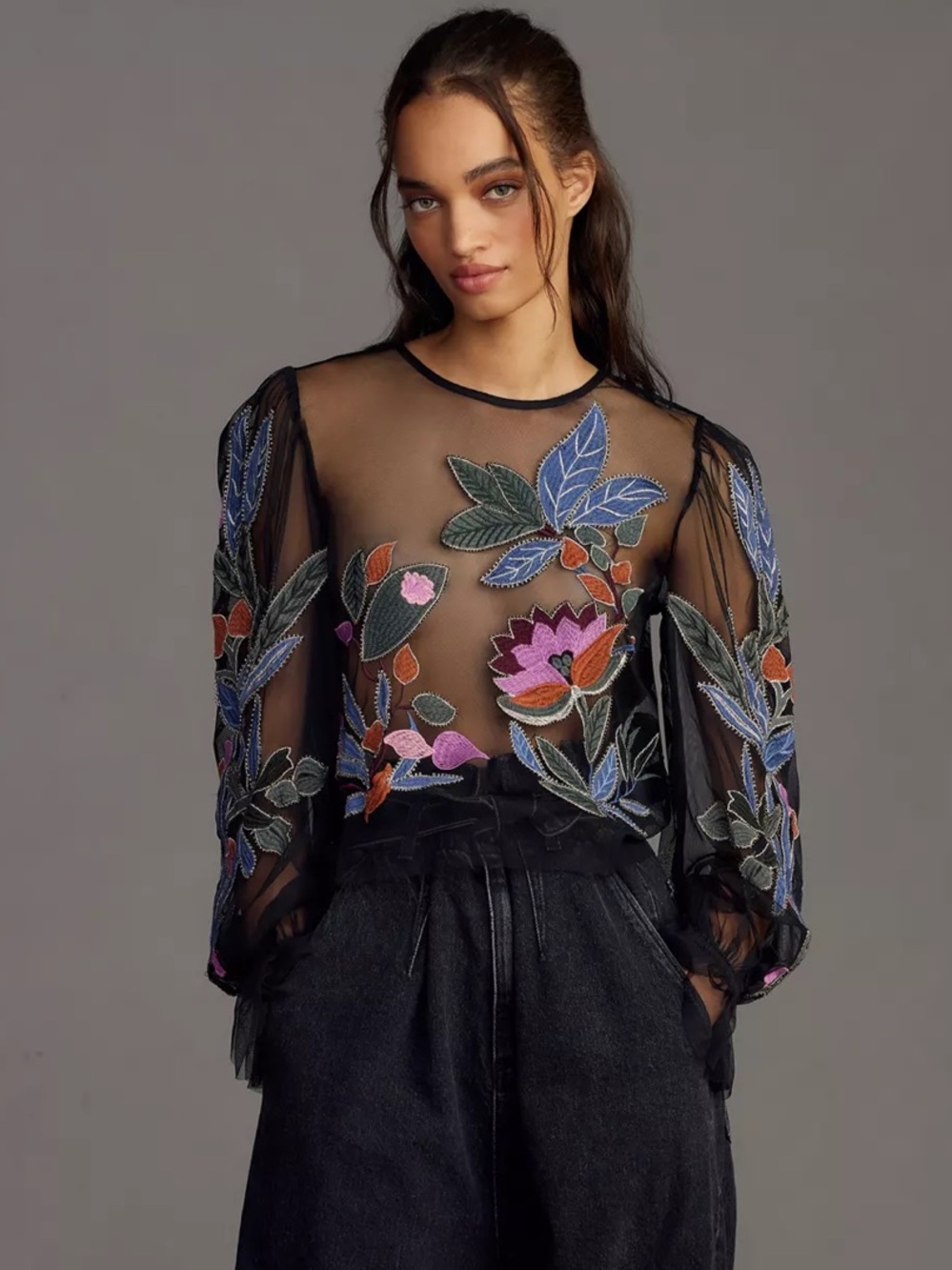 NWT Anthropologie The Layla Long-Sleeve Appliqué Mesh Blouse size S